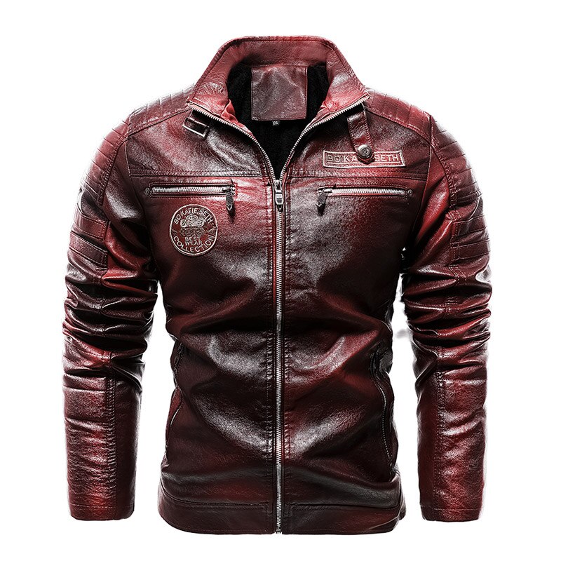 Novos jaquetas de couro dos homens do velo da motocicleta motociclista plutônio leahter jaqueta masculina gola casual blusão ropa de hombre casaco fino: Borgonha / XXL