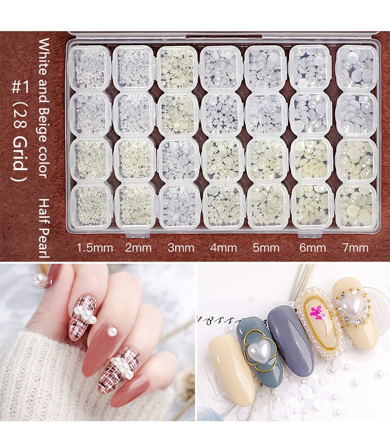 28 rutnät/uppsättning naglar glitter halv pärla nit nitar legering set för 3d pärlor diy hem nagelkonst dekoration smycken pärla leverantör: 001