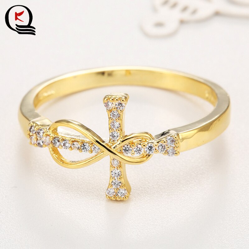 Classic Gold Color Cross Inlay White Crystal Rhinestone Finger Ring Women Engagement Wedding Party Jewelry Size 6 7 8 9 10 11