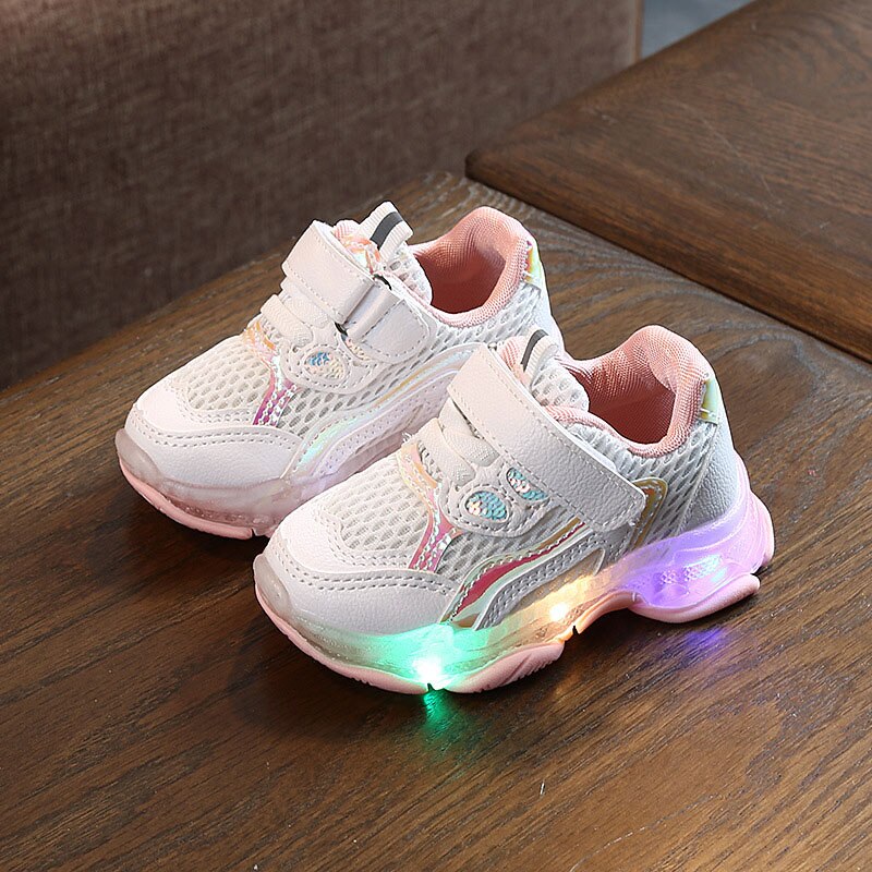 Child Sport Shoes Spring Luminous Breathable Kids Boys Net Shoes Girls Anti-Slippery Sneakers With Light Running Shoes: Pink / 22(13.5cm)
