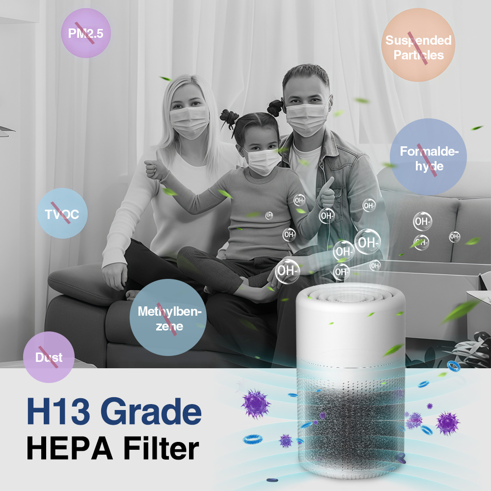 Air Purifier With H13 HEPA + Activated Carbon Filter Dual Purification for 20㎡ Rooms Blue Light for Pet Allergy Relief Air Clean