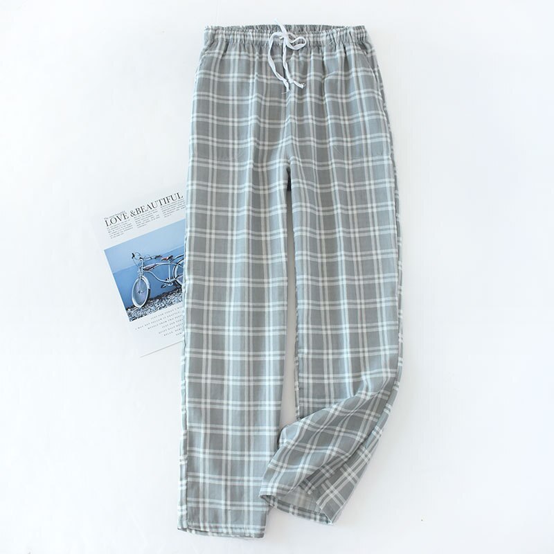 Men's Cotton Gauze Trousers Plaid Knitted Sleep Pants Mens Pajamas Pants Bottoms Sleepwear Pajama Short for Men Pijama Hombre: Gray trousers / L