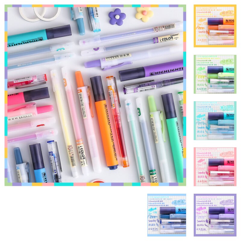 5 stk journal markeringspenne vintage farve gradient penne sæt hurtigt tør gel blæk pen og fluorescerende skole papirvarer