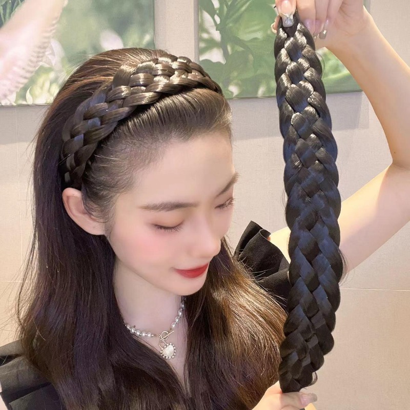 Diademas trenzadas torcidas para mujer, 4,5 cm de ancho, peluca sintética ancha a la , diademas elásticas ajustables, postizos de peinado bohemio