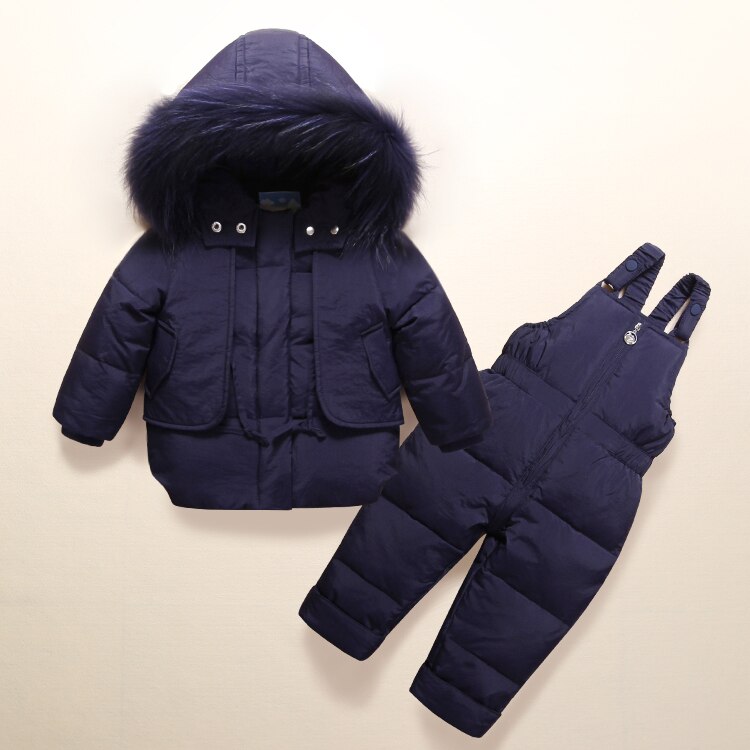 Vinter baby drenge tøj sæt 1-3y drenge skidragt sæt børn sport jumpsuit varme frakker pels andedun jakker+smækbukser: Mørkeblå / 12m