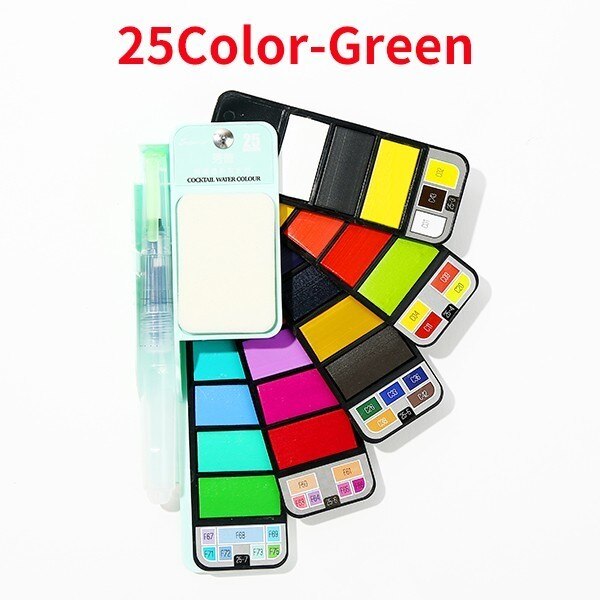 "Juego de pintura de acuarela sólida Superior 18/25/33/42 con pincel de agua plegable Color de viaje pigmento para dibujar acuarelas profesionales watercolor arte pintar": 25Colors (Green)