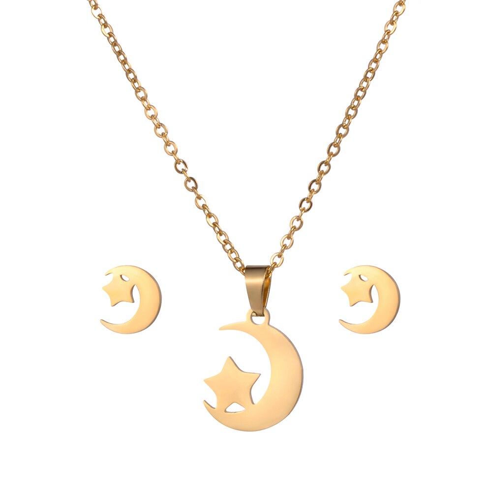 Aenine Rvs Sets Voor Vrouwen Meisjes Goud Kleur Moon Star Shape Ketting Oorbellen Voor Vrouwen Minnaar Anniversary Sieraden