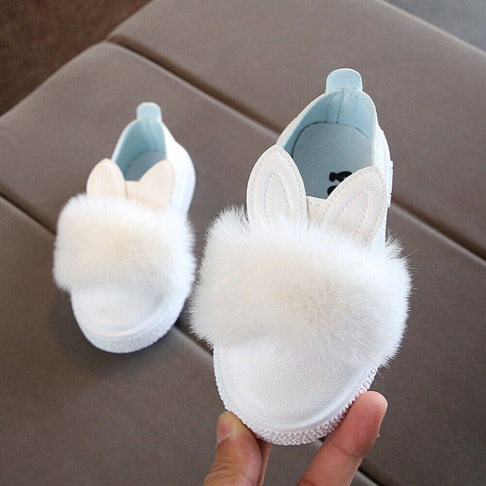 Baby første vandrere prinsesse spædbarn barn baby piger kanin afslappede sko solid skridsikker blød sål fluffy lodne baby sko: Hvid / 23