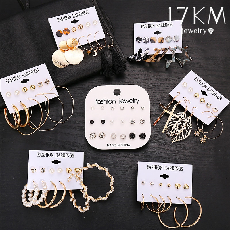 17Km Vintage Lange Dangle Oorbellen Voor Vrouwen Brincos Leaf Gold Pearl Leopard Acryl Druppel Oorbel Set sieraden