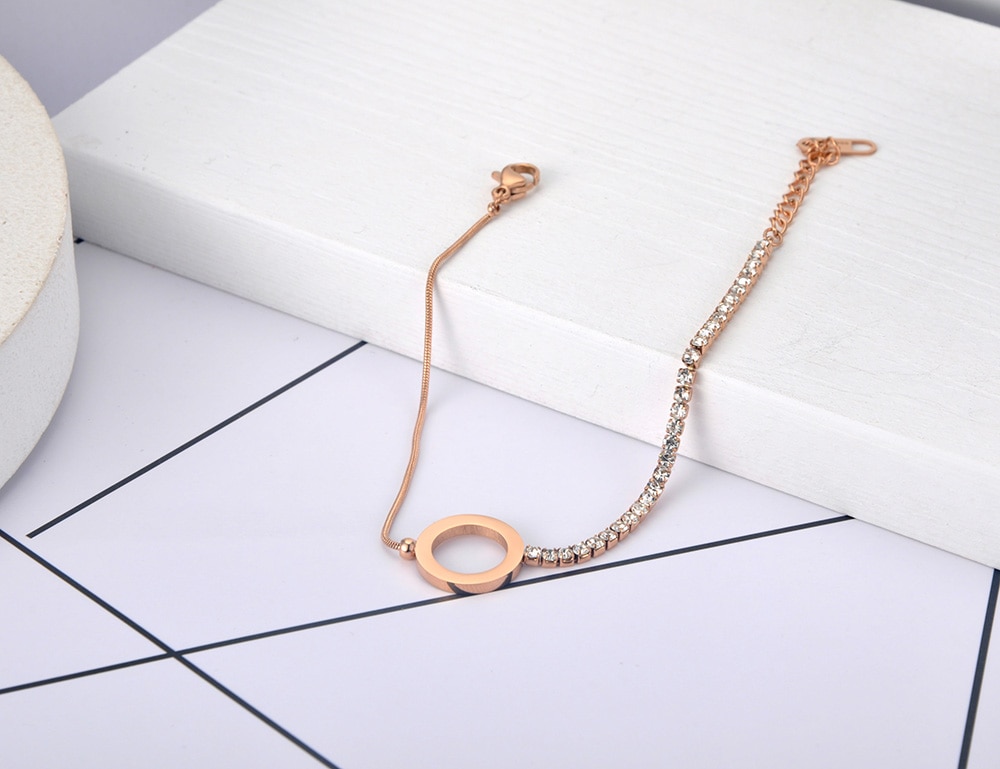 Lokaer Trendy Bohemen Titanium Rvs Cz Crystal Ketting Choker Armband Rose Gold Strand Cirkel Armband Voor Vrouwen B20066