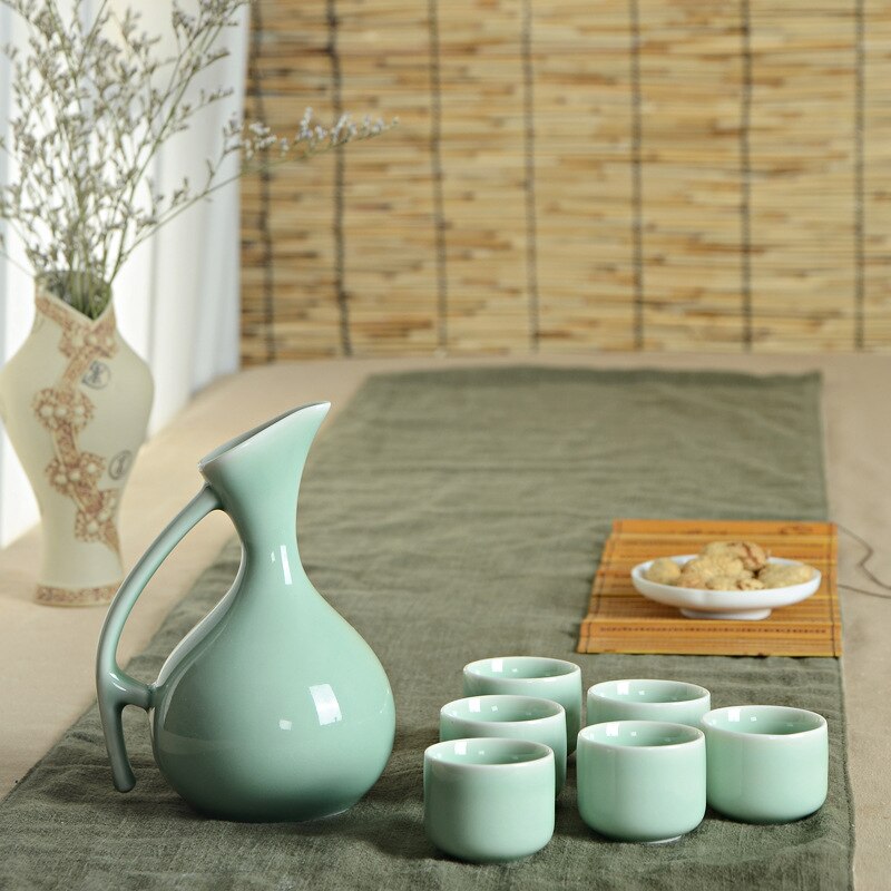 Chinese Style Ceramics Wine Set 1 Pot 6 Cups Longquan Celadon Wine Set Wine Set Decanter Bar Sets: Green