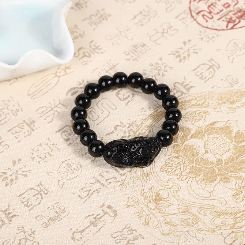 Ossidiana Pixiu perline braccialetto cinese Feng Shui porta ricchezza buona fortuna guardiano Unisex pietra braccialetto uomo donna gioielli regalo: Bead size10mm