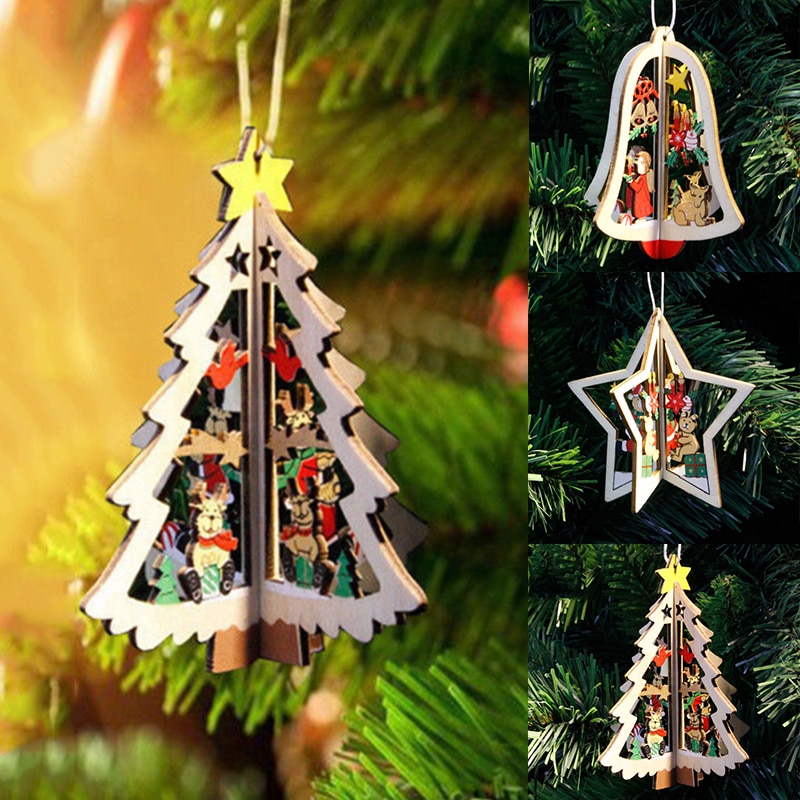 1PC Christmas Tree Ornaments Hanging Xmas Tree Home Party Decor 3D Pendants Wooden Pendant Decoration Color