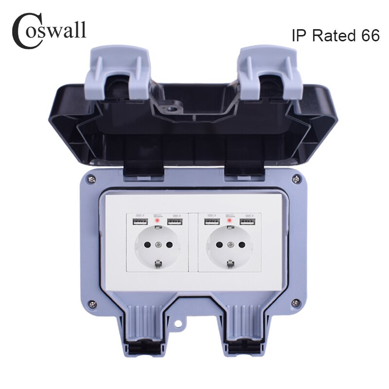 Coswall IP66 Weatherproof Waterproof Outdoor External Wall Socket Double EU Standard Outlet With 4 USB Charge Port Black White