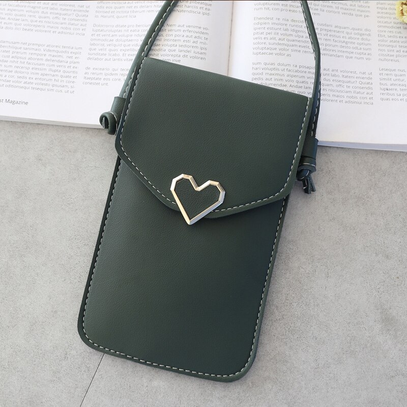 Frauen Touchscreen praktisch Geldbörse transparent Einfache Tasche Herz bilden Schnalle Brieftaschen PU Leder Schulter Licht Handtaschen: dunkel grün
