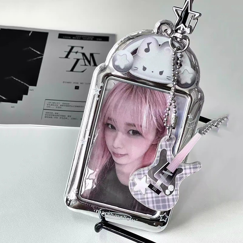 Portatarjetas de fotos de gato Y2K, soporte para sesión fotográfica Idol Kpop, llavero, mochila, colgante de exhibición, funda protectora para tarjeta de estudiante, álbum de fotos: Gris claro