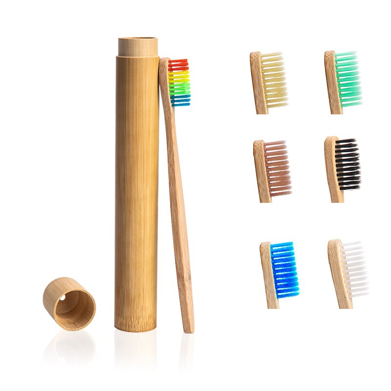 1pc regnbuetandbørster  +1pc bambusrør miljøvenlig naturlig bambus tandbørste rejsetaske blød hovedtænder børste 2pc pakninger