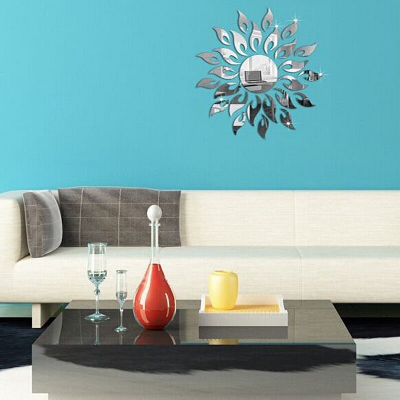 Solsikke spejl wallstickers diy sølv reflekterende klistermærke værelse dekoration aftagelig wall sticker hjem stue kunst indretning