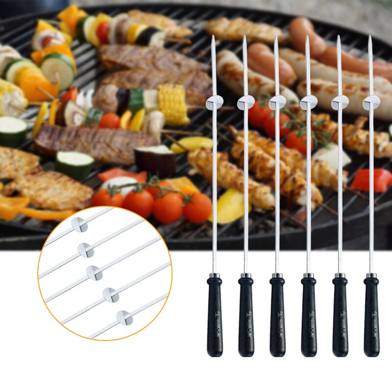 6Pcs Bbq Spiesjes Roestvrij Staal Brede Bbq Kabob Sticks Met Voedsel Remover Ring Draagbare Braziliaanse Kebab Rotisserie Maker 52cm
