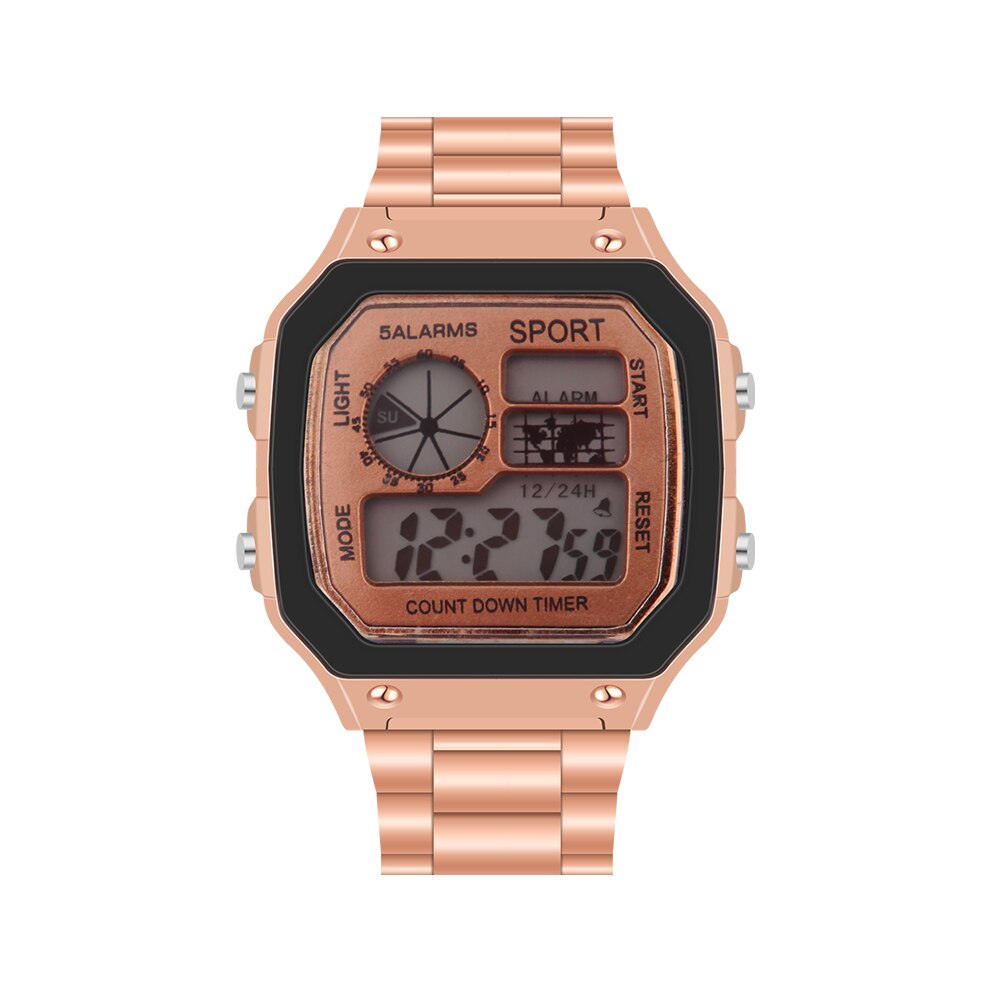 Men Watches Waterproof LCD Colorful Cold Light Watch Stainless Steel Digital Watch 5 Alarm Clock World Time Watches: Rose Gold