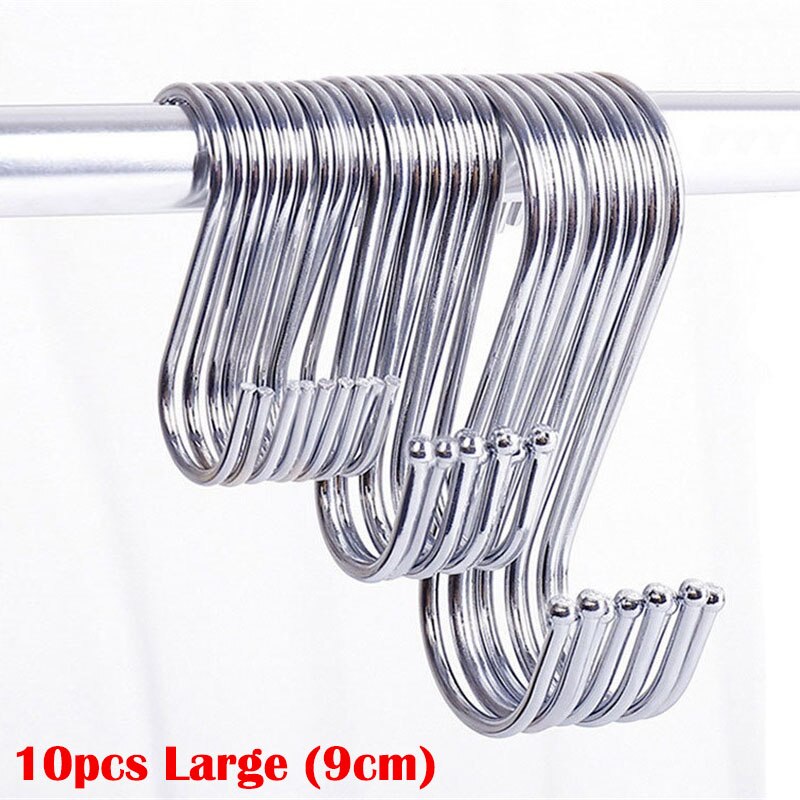 10pcs Stainless Steel S-Shape Hooks Kitchen Bedroom Black Silver Railing S Hanger Hook Clasp Holder Hooks Hanging Storage Tools: 10pcs Silver (L)