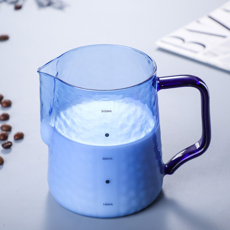 Colorful Milk Pitcher Frothering Cup V-shaped Mouth Pull Flower Cup Milk Jug Durable Glass Coffee Milk Frother Cup Coffeeware: Blue