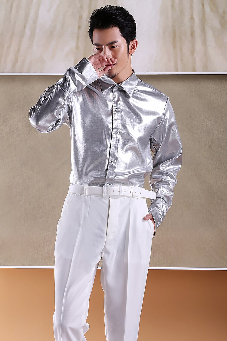 Chemise de soirée pour hommes, tenue de spectacle sur scène, argent, or, jaune, brillante, pour banquet, réunion annuelle, chorale, studio de photographie