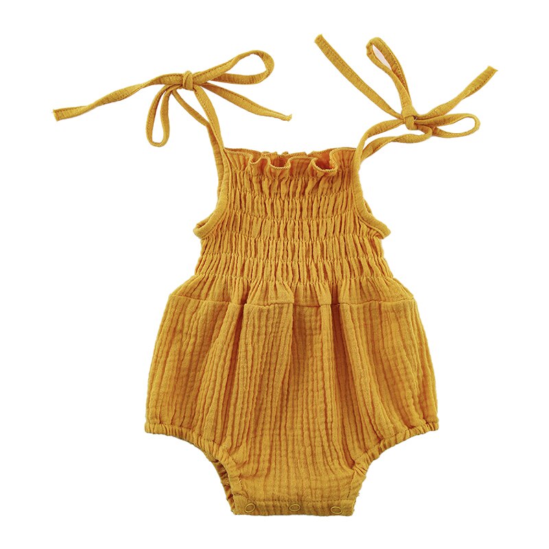 2022 verão sólido bebê recém-nascido meninas algodão linho bodysuits sem mangas cinta macacões outfits beachwear: Yellow / 6M-80