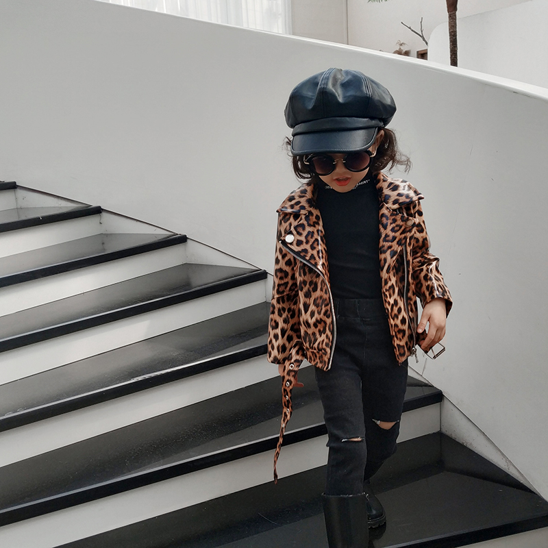 Kurtki skórzane w panterkę dla dzieci i dziewcząt, odzież wierzchnia ze sztucznej skóry dla małych dziewczynek, płaszcze ze sztucznej skóry, ubrania dla dzieci dla 2-6t osób