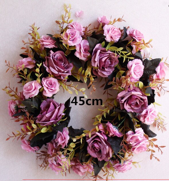 Kunstbloem Ronde krans rotan zijden bloem simulatie rose bloem plant wedding home muur deur decoratie party: purple-45cm