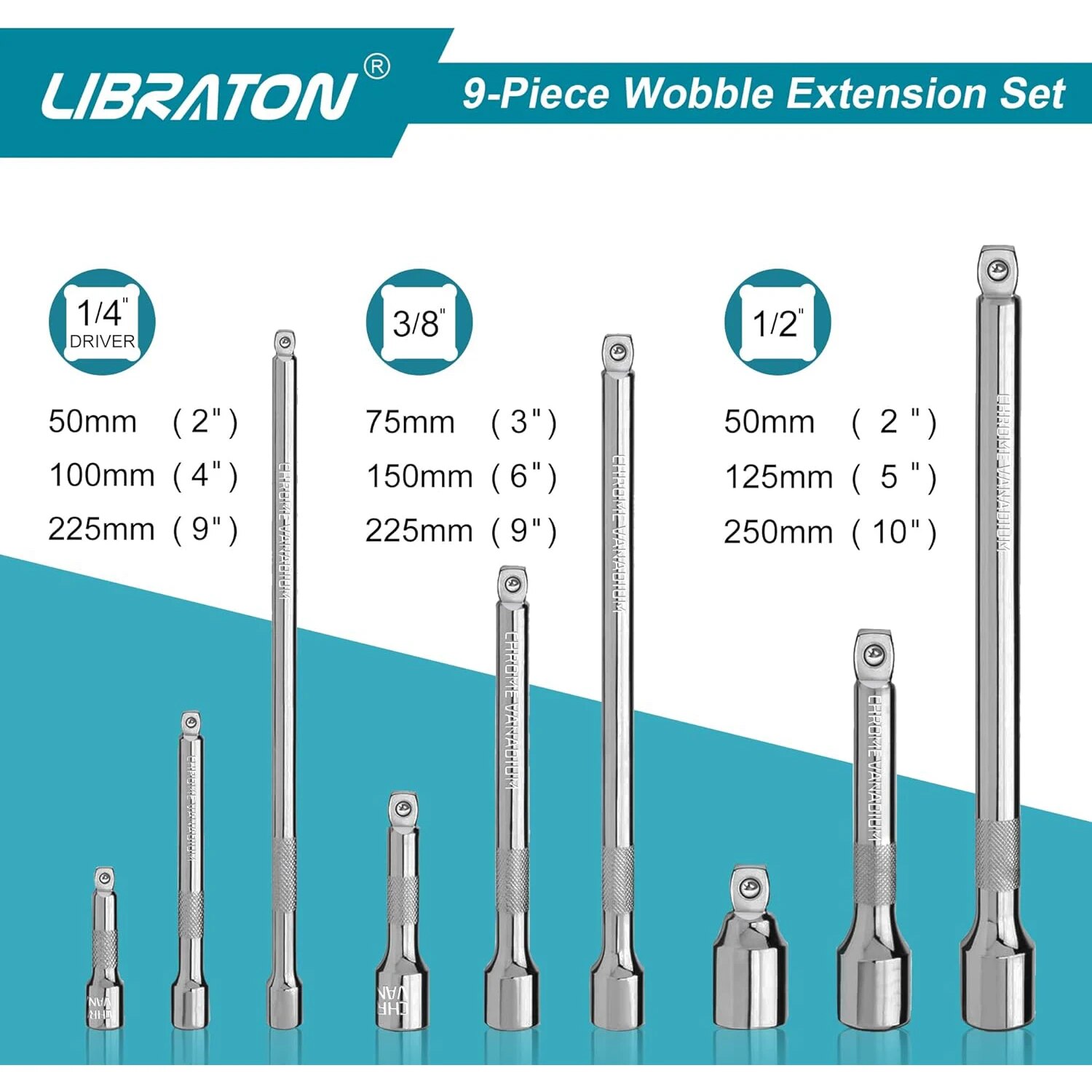 Libraton Wobble Extension Set Socket Extensions Set Ratchet Extensions 1/4" 3/8" 1/2" Wobble Extensions Drive Socket Extension