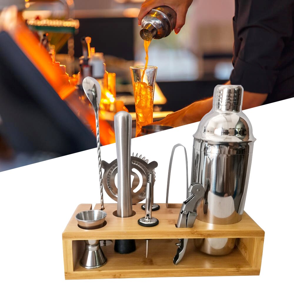750ML Cocktail Shaker Set,Bartender Kit with Stylish Wooden Stand Stainless Steel Bartending Kit for Home Bar Party: 10 PCS A