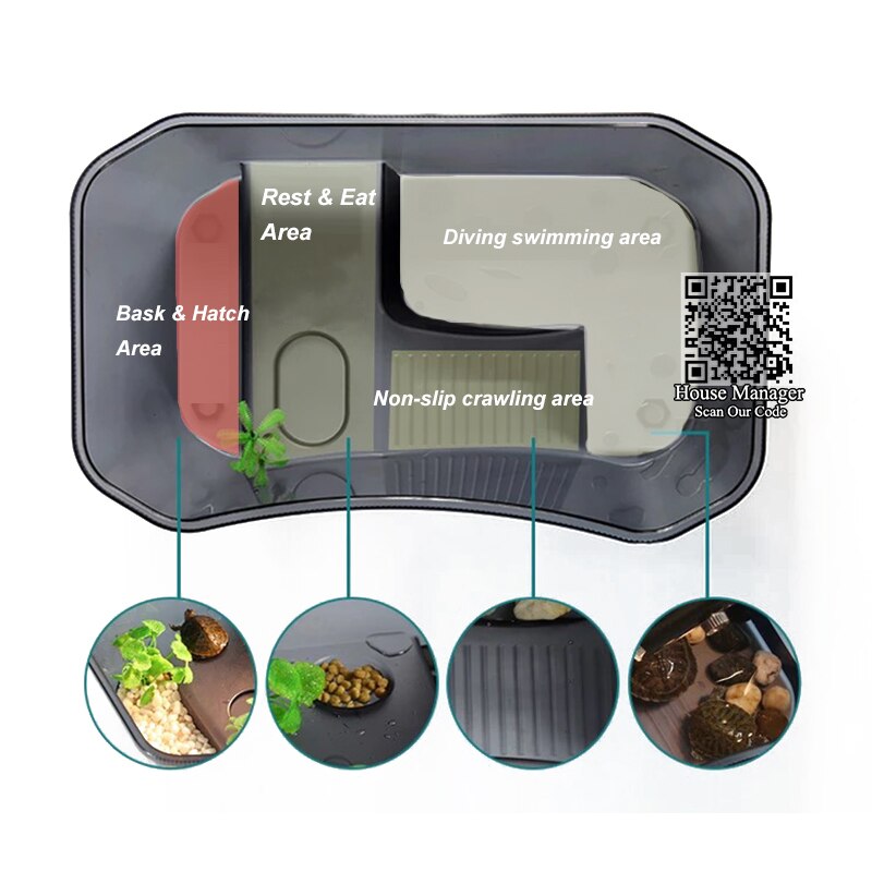 Small 25x17x11cm Turtle Tortoise Habitat House, 4 areas = Swim + Climb + Feed + Rest Bask with light, mini Aquarium Turtle Tank