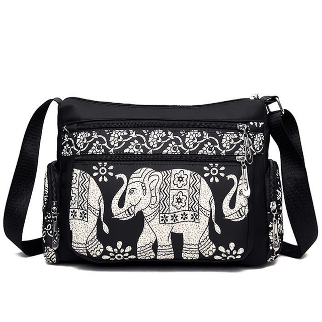 Yogodlns høj quatily nylon lærred skuldertaske til kvinder kobling håndtaske lille traditionel elefant print messenger bag damer: Default Title