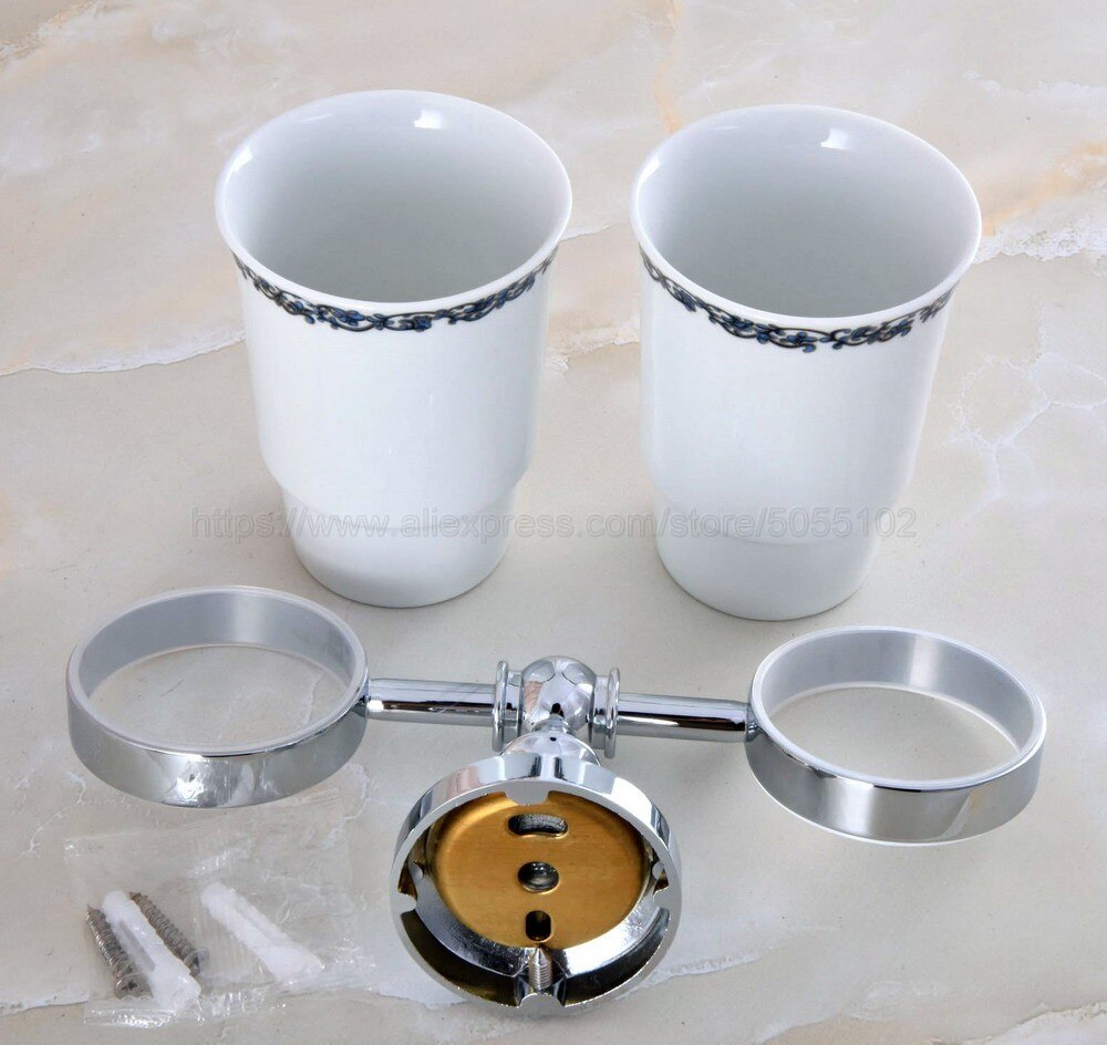 Polished Chrome Wall Mounted Double Toothbrush Holders With 2 Creamic Cups Tooth Cup Holders For Bathroom Accessories zba796
