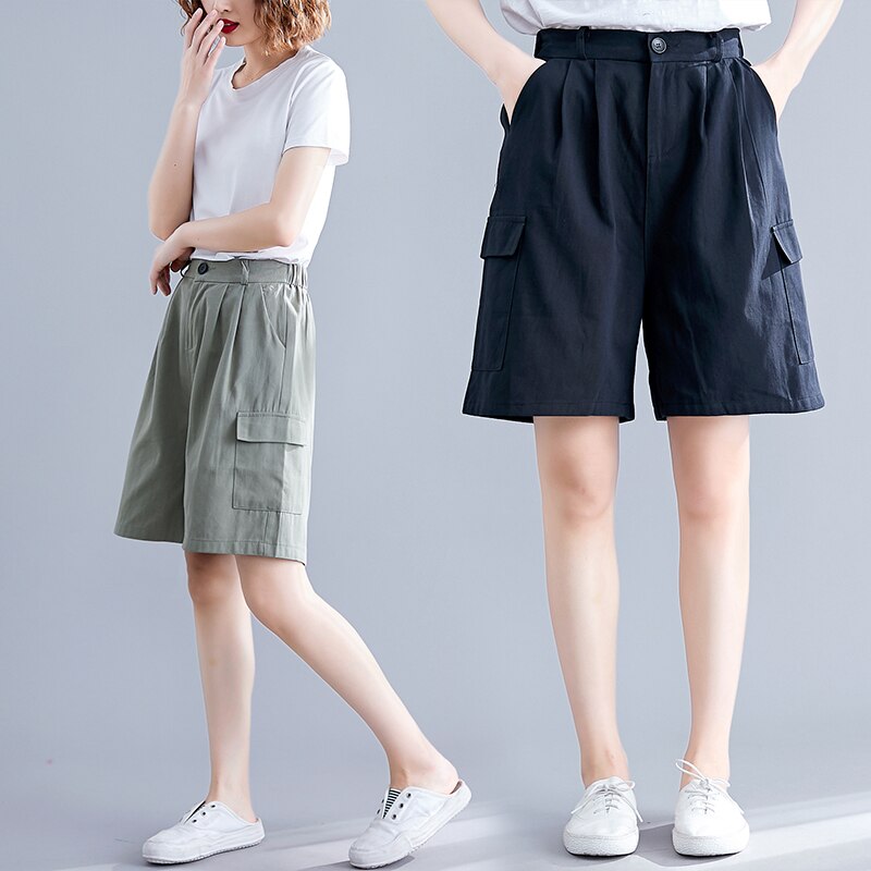 Sommer kæreste cargo shorts kvinder løs elastik talje plus size korte bukser vintage bomuld lange shorts brede ben korte femme
