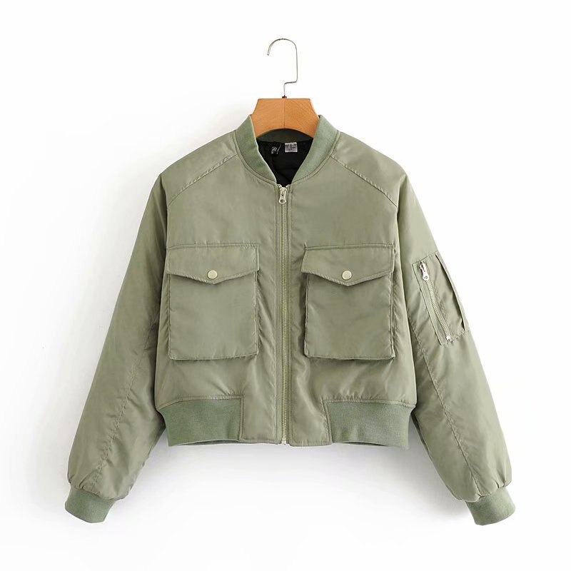 Chaquetas de béisbol cortas para Mujer, abrigo informal liso con cremallera, holgado, prendas de vestir, Tops, Chaqueta para Mujer: Green / L
