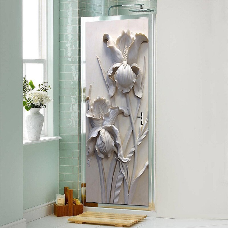 3D Gypsum Embossed Flowers PVC Door Sticker Self Adhesive Wallpaper On the Doors DIY Renovation Waterproof Poster For Bedroom