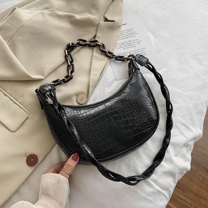 Mode Steen Patroon Pu Lederen Crossbody Tassen Voor Womenshoulder Messenger Bag Lady Effen Kleur Keten Handtassen En Portemonnees: Black stone pattern