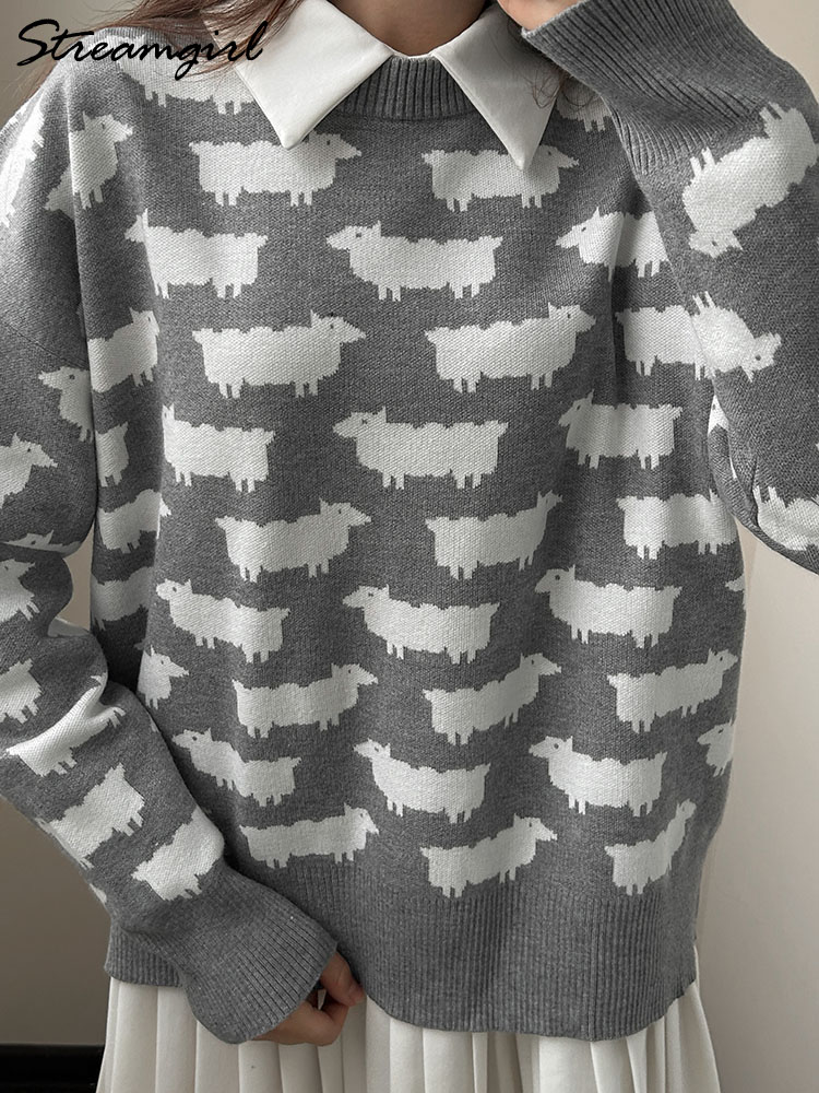 Høstlig søt posete genser med trykk til dame varm o-hals overdimensjonert gensere strikkede røde løse gensere dame grønn genser