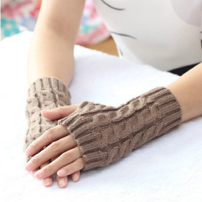 Guantes de invierno para mujer, manoplas cálidas de lana de imitación, de ganchillo, para brazo, sin dedos: Khaki