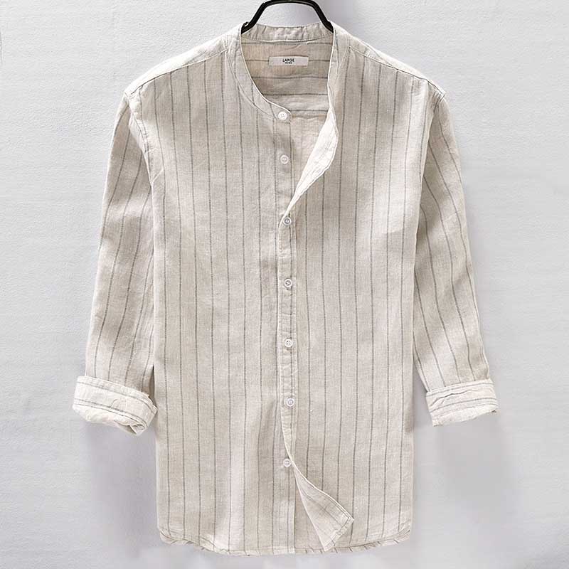 Camisa de lino Casual de manga 3/4 de rayas clásicas Retro para hombre, camisa de adelgazamiento, blusas de cuello mandarín, ropa masculina de estilo coreano