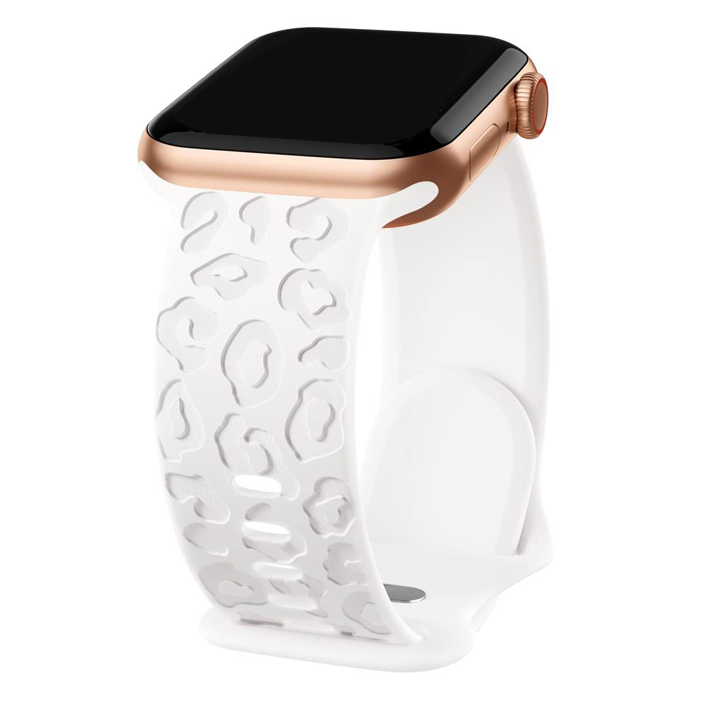 Bracelet en silicone léopard gravé pour Apple Watch Band, 44mm, 40mm, 45mm, 49mm, 41mm, 38mm, 42mm, iWatch Series 7 SE, 3, 6, 8 Ultra: Argent blanc / 20mm