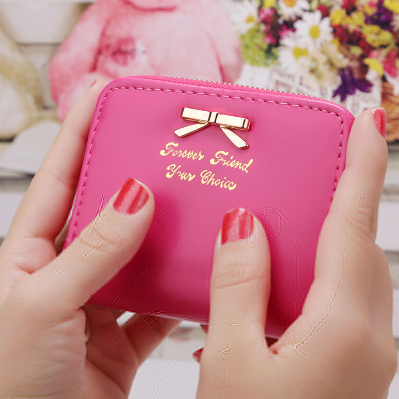 Corée faux cuir femme portefeuilles femmes de multi-cartes titulaire sacs à main femmes filles court zipper mini monnaie portefeuille: rose red