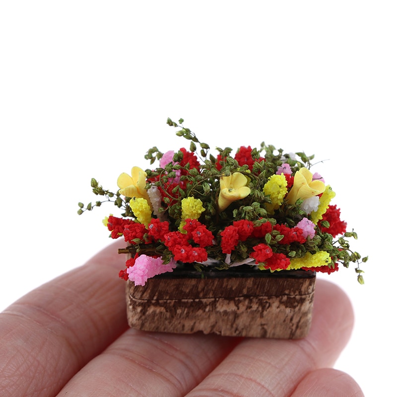 1pc Mini Miniature Bonsai Flower Bush With Wood Pot (Color: Multicolor) 1/12 Dollhouse Miniature Multicolor