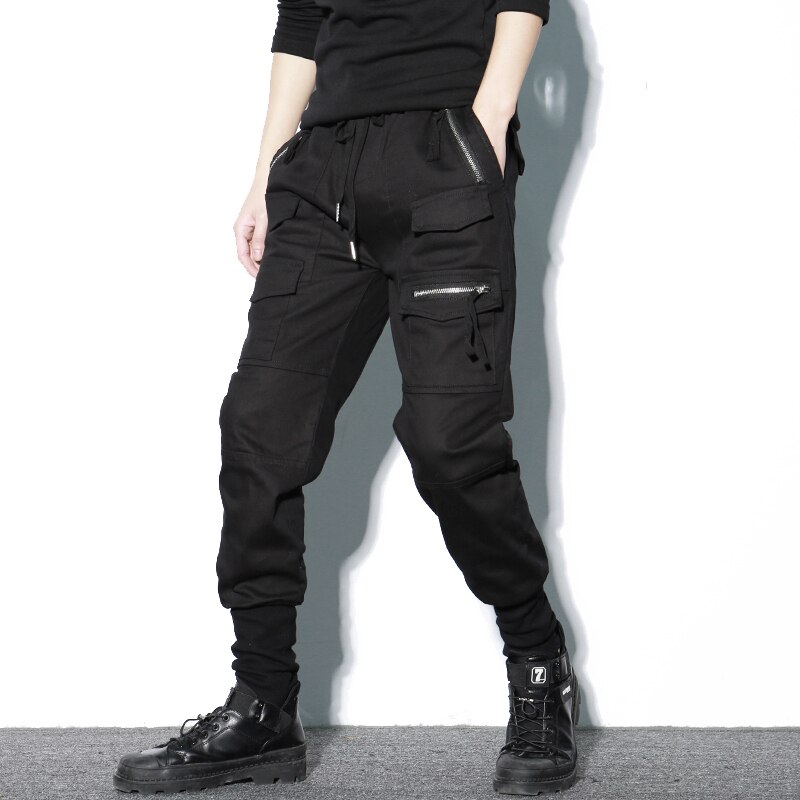 Pantalones bombachos de algodón con cremallera y bolsillos para hombre, pantalón de chándal informal, ajustado, para correr, color negro, para primavera