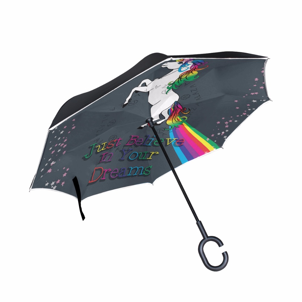 Gewoon Geloven In Je Dromen Eenhoorn Paraplu Winddicht Reverse Vouwen Dubbele Laag Omgekeerde Paraplu Zelf Stand C-Haak Voor auto