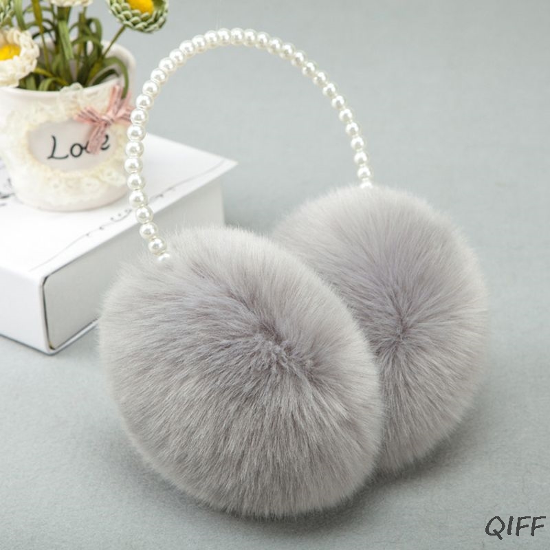 Women Girls Winter Fluffy Plush Earmuffs Imitation Pearl Beaded Headband Thicken Ear Warmer Princess Kids Party Styling Headwear