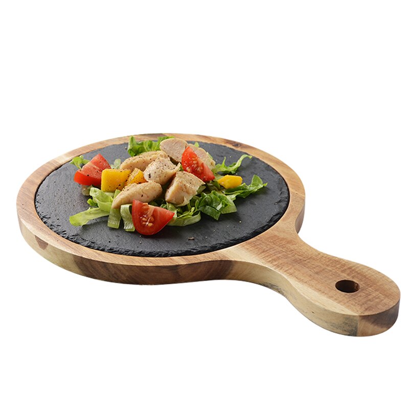 Bandeja de madera maciza americana para pizza, bandeja de madera, plato de pizarra negra, tabla de pan de madera de acacia, comida occidental, cocina japonesa, juego pla