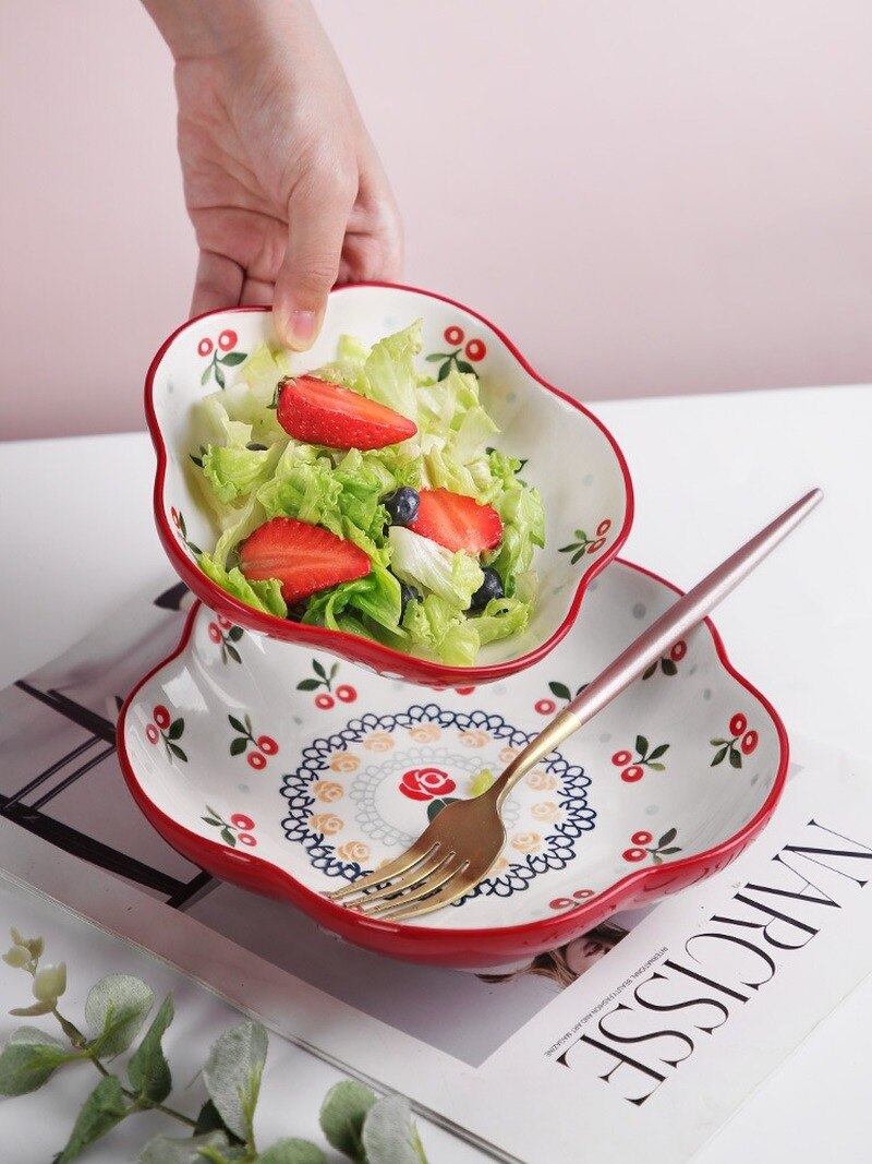 Ceramic dinner plates Hand-Painted Plate Cherry Lace Ceramic Service Plate Household Dish Fruit Salad Dish Snack Flower CakeTray